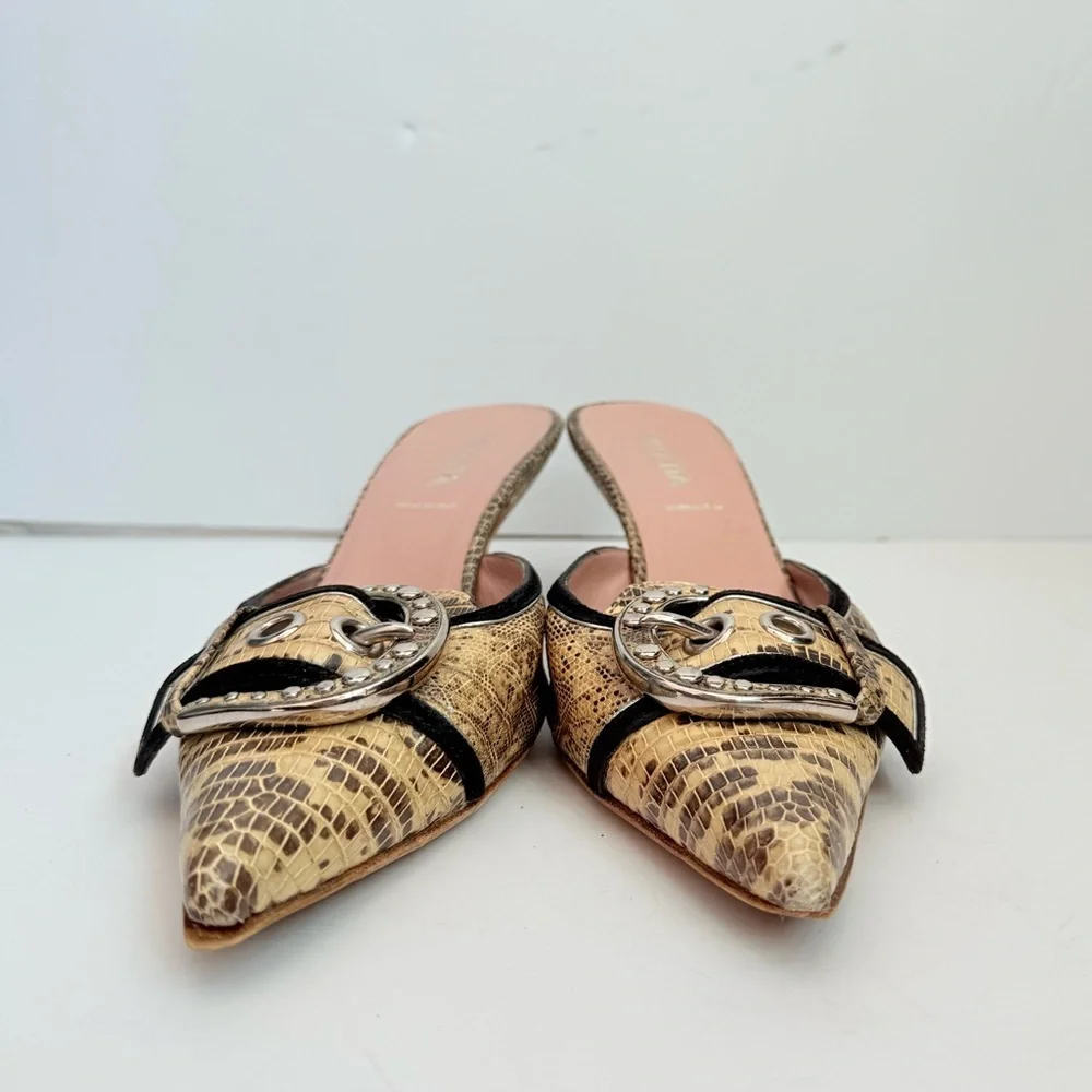 Prada Beige/ Tan Python snakeskin Vintage Buckle Embellished Kitten mules EU37.5 - Picture 6 of 8